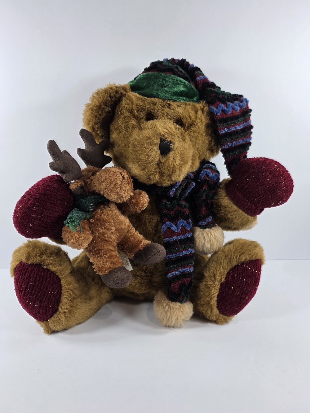 Vintage Winter Dan Dee Christmas Bear Stocking Hat Mittens and Scarf With Moose